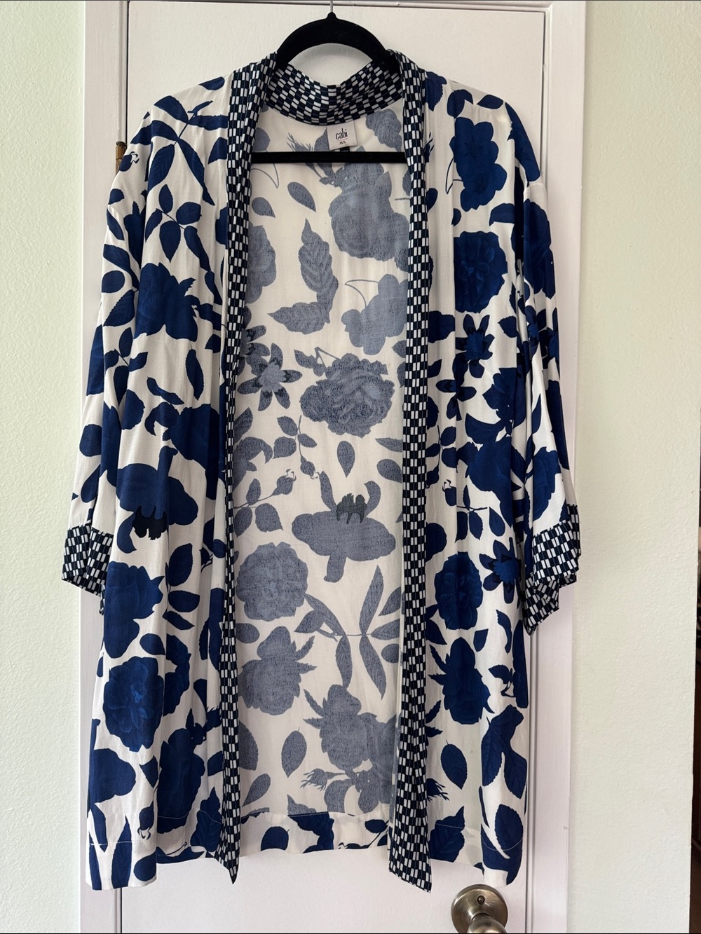 CAbi Navy Floral Open-Front Kimono with Check Trim